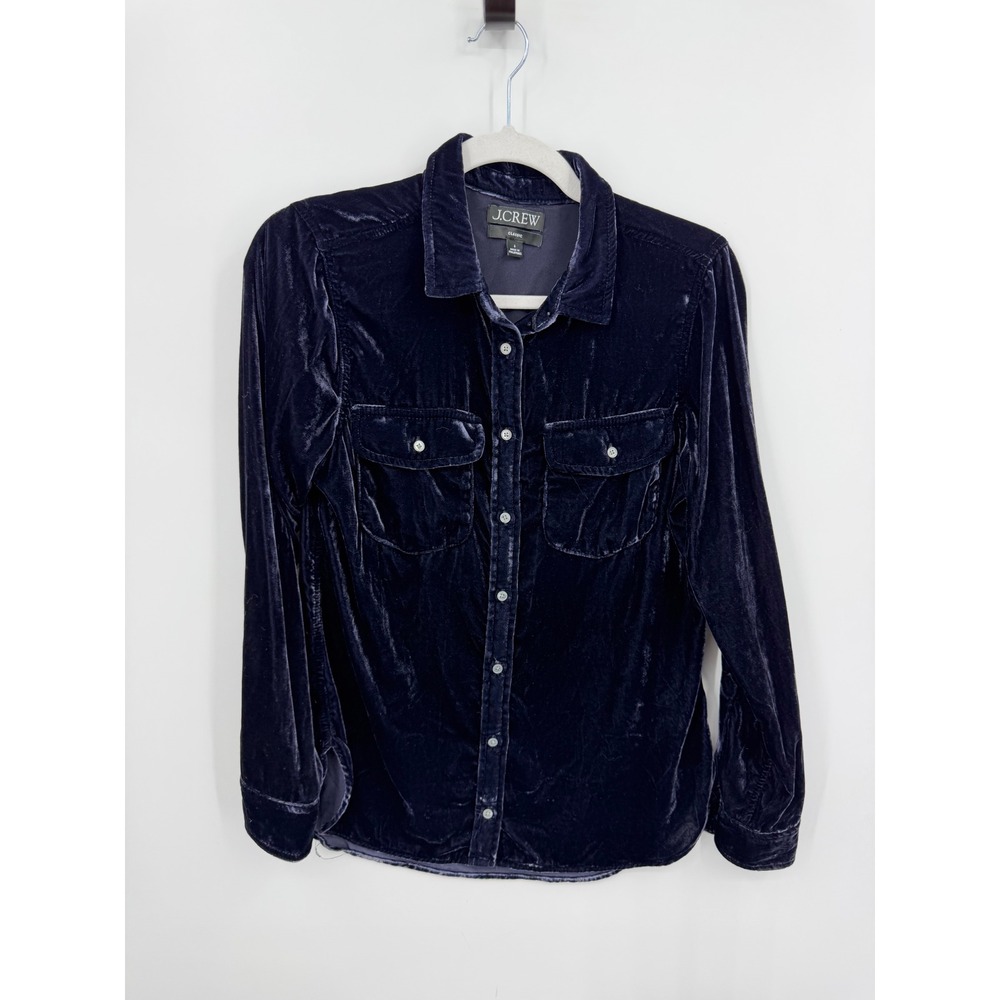 J.Crew Classic Velvet Button Down Shirt Women Size 6 Navy Blue BN140 Long Sleeve